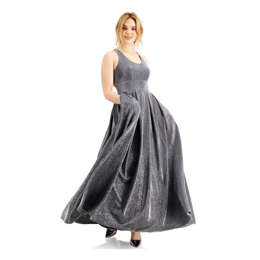 NWT MORGAN & CO Womens Fit + Flare Dress Gray Sleeveless Formal Gown Juniors 5